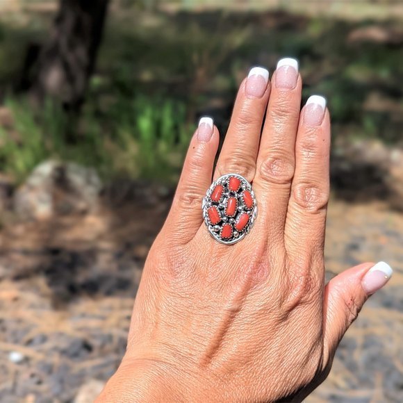 Women's Ring Native American Coral Stones Cluster Navajo Jewelry Signed Sz 7.25*